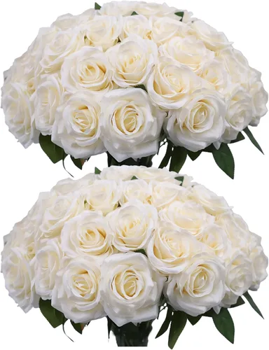 Miniatura 30 de Rosas artificiales, rosas artificiales, rosa falsa de seda, flores falsas de aspecto real con tallos para ramos de boda, mesas, centros de mesa
