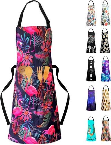 Delantal Babero Ajustable Impermeable con 2 Bolsillos Delantales de Cocina para Mujeres Hombres Chef Delantal flamenco