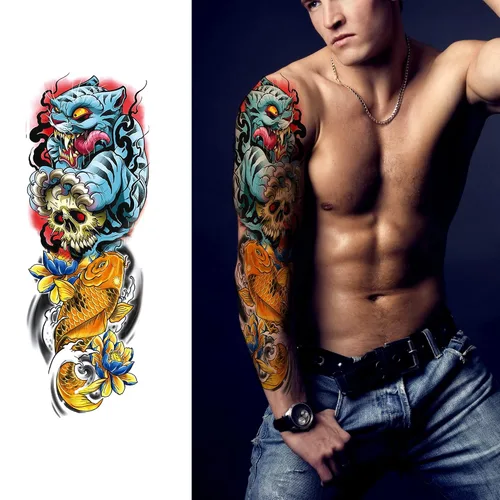 Miniatura 2 de Tatuajes temporales de manga completa, 8 hojas de tatuajes temporales de manga temporal de pez dragón y tigre para hombres y mujeres, impermeables
