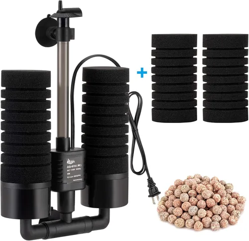 AQQA Filtro de agua de esponja para acuario, filtro bioquímico doble accionado por potencia, filtro de espuma sumergible silencioso con 2 esponjas