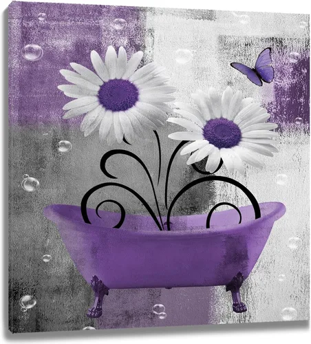 Miniatura 16 de HVEST Arte de pared retro floral morado para sala de estar, casa de campo, margaritas y mariposas en lienzo geométrico abstracto, arte de pared