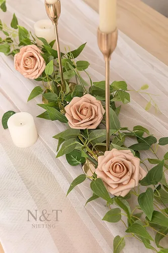 Miniatura 17 de N&T NIETING Flores artificiales, rosas artificiales de color rosa intenso, 50 piezas de flores falsas con tallo para ramos de boda DIY, centros