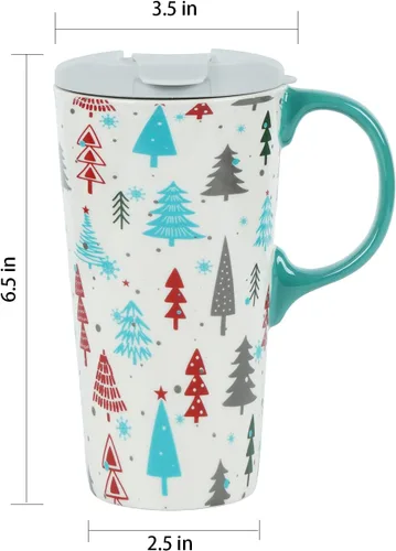 Miniatura 6 de Taza de café de cerámica de árbol de invierno de 17 onzas con tapa y caja de regalo, divertida taza de té de porcelana multicolor con leche, apta