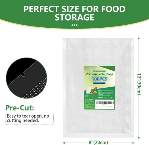 Miniatura 8 de 100 bolsas selladoras al vacío de 8 x 12 pulgadas para alimentos, bolsas de sellado al vacío precortadas, seguras para contacto con alimentos