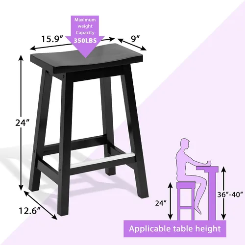 Miniatura 2 de Juego de 2 taburetes de bar de madera maciza con placas de pie de metal, taburetes modernos sin espalda de 24 pulgadas de altura para encimera