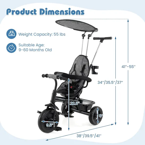Miniatura 7 de BABY JOY Triciclo para niños pequeños, 7 en 1 con toldo ajustable, asa de empuje para padres, asiento y reposapiés, arnés de seguridad de 5 puntos