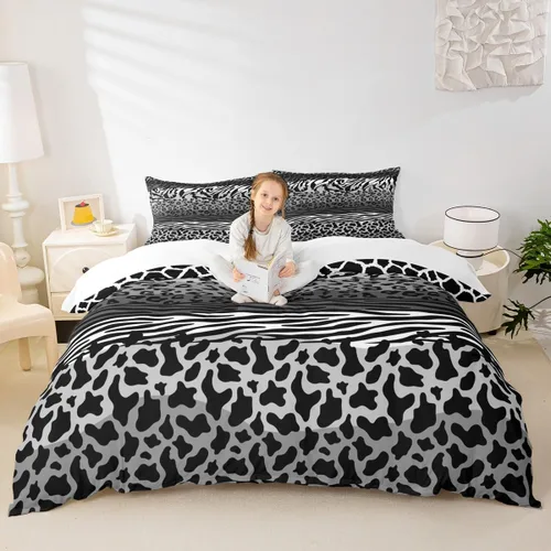Miniatura 31 de Juego de funda de edredón con estampado de leopardo, tamaño individual, juego de ropa de cama rústica con rayas de piel de cebra, decoración