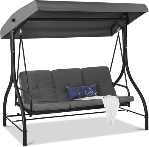 Miniatura 13 de Best Choice Products Columpio Deslizante con Toldo Convertible Grande de 3 Asientos para Exteriores, Hamaca de Patio, Silla de Descanso para Porche