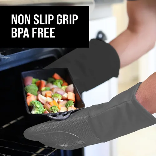 Miniatura 5 de Guantes de horno de silicona con forro de algodón acolchado – profesional resistente al calor olla de cocina soportes – 1 par Gris