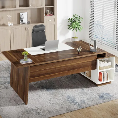 Miniatura 7 de Tribesigns Escritorio ejecutivo en forma de L, escritorio ejecutivo moderno de mediados de siglo de 70.5 pulgadas con gabinete de almacenamiento