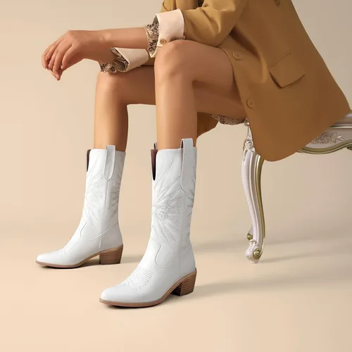 Miniatura 5 de olomisa Botas vaqueras para mujer, botas metálicas bordadas con punta puntiaguda, tacón grueso, botas vaqueras de media pantorrilla