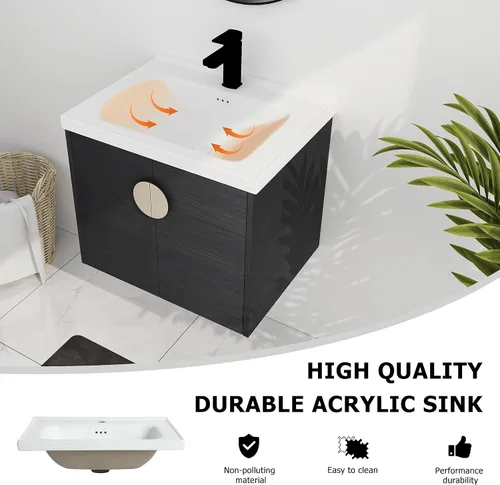 Miniatura 7 de Juego de tocador de baño de 24 pulgadas con lavabo montado en la pared, moderno juego de tocador de baño con lavabo de cerámica blanca y mango