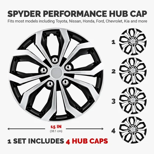 Miniatura 2 de Pilot Automotive WH553-15S-BS - Tapa de rueda Spyder Performance de 15 pulgadas, color negro/plateado Compatible con Toyota Volkswagen, VW Chevy