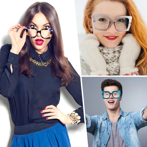 Miniatura 5 de Kingdder Paquete de 9 anteojos de gran tamaño para mujer, anteojos cuadrados con bloqueo de luz azul, elegantes anteojos de lectura para computadora