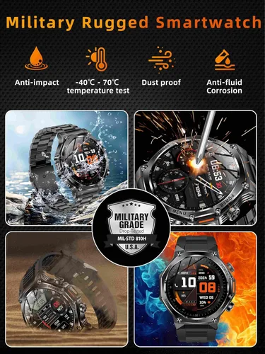 Miniatura 3 de KPEP Military Watches for Men with 2 Straps (Bluetooth Call), 1.75" HD Screen Military Watch with Flashlight, 800mAh Battery, SpO2 Heart Rate Sleep