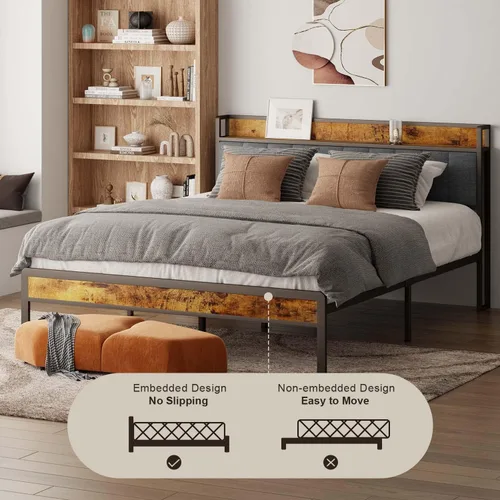 Miniatura 8 de Gizoon Cama de plataforma de metal, marco de cama con cabecera de madera tapizada, sin ruido, no necesita somier, con almacenamiento debajo