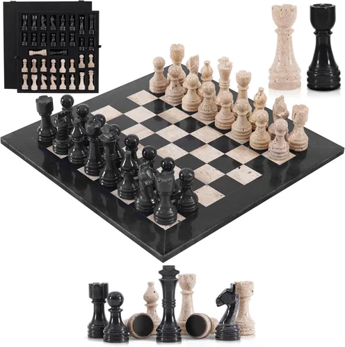 Juego de ajedrez de mármol para adultos de 15 pulgadas, hecho a mano, juegos de ajedrez negro y travertino con caja de almacenamiento, juego de