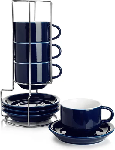 Miniatura 22 de Sweese - Juego de 4 tazas de espresso apilables de porcelana de 4 onzas con platillos y soporte de metal, color turquesa