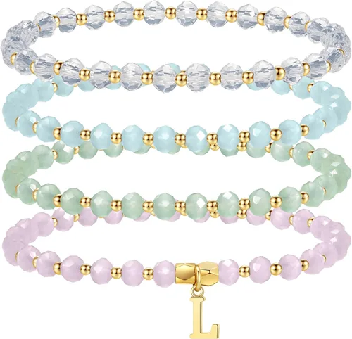 Miniatura 15 de IEFWELL Pulseras con iniciales para niñas y niños – Juego de 4 pulseras de cristal rosa/azul/blanco/verde, pulsera elástica para niños, joyería