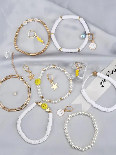 Miniatura 28 de Preppy Heishi - Juego de pulseras de surfista para niñas adolescentes, bonitos aretes estéticos, anillos estéticos preppy coloridos de oro blanco