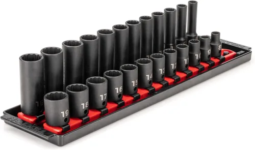 TEKTON - Juego de llaves de impacto de 12 puntas con raíles de 3/8 pulgadas, 24 piezas (8-19 mm) | SID91213