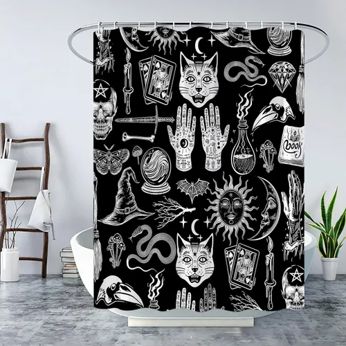 Miniatura 4 de Cortina de ducha de bruja de Halloween, color negro, espeluznante, alquimia gótica, psíquica, espeluznante, calavera, esqueleto, tablero de Ouija