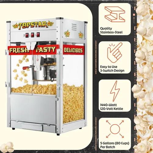 Miniatura 2 de Máquina de Palomitas Top Star - Hervidor de Acero Inoxidable de 12 oz, Bandeja para Granos Rechazados, Luz de Calentamiento y Accesorios de Great