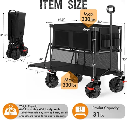 Miniatura 8 de Portal - Carro plegable grande de doble cubierta con frenos, carro de utilidad plegable resistente de 660 lb, ruedas grandes todo terreno de 400 L