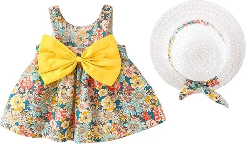 IBAKOM Vestido de verano sin mangas con flores para bebé, vestido hawaiano de fiesta, vestido de princesa bohemio con sombrero de paja