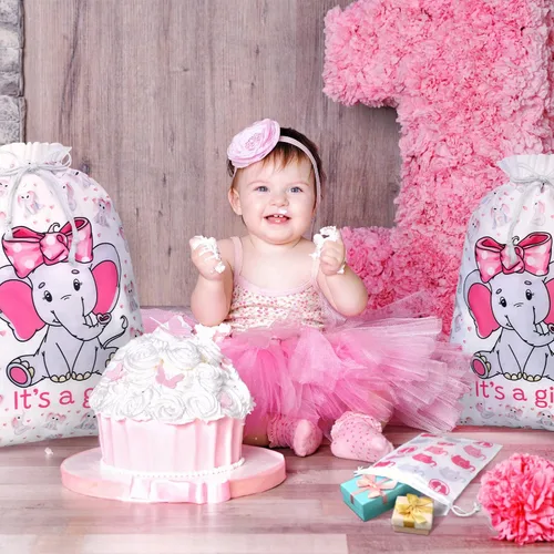 Miniatura 6 de Sadnyy 4 bolsas de regalo para baby shower, grandes elefantes rosas con cordón de tela, para baby shower, cumpleaños infantil, fiesta de revelación