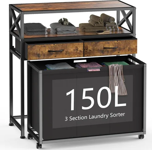 Miniatura 10 de Cesta clasificadora de ropa sucia de 3 secciones, 180 litros con estante y 2 cajones, carrito organizador de almacenamiento de ropa de 3 Marrón