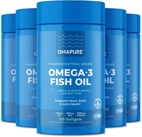 OMAPURE Suplementos de aceite de pescado con ácidos grasos Omega 3 (5 botellas, 120 cápsulas blandas) – Pastillas de aceite de pescado de alto EPA,
