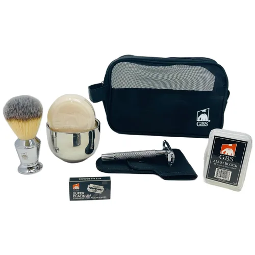 Miniatura 3 de G.B.S Kit de viaje de lujo para hombre, maquinilla de afeitar de seguridad de doble filo, cepillo de afeitar cromado, cuenco de jabón, jabón