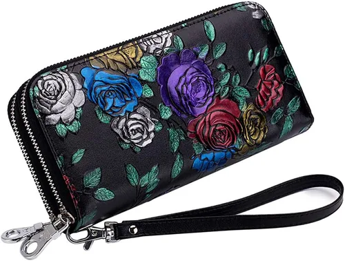 Cartera de piel con bloqueo RFID para mujer doble cremallera cartera larga para teléfono celular con correa de muñeca extraíble Rosa de colores