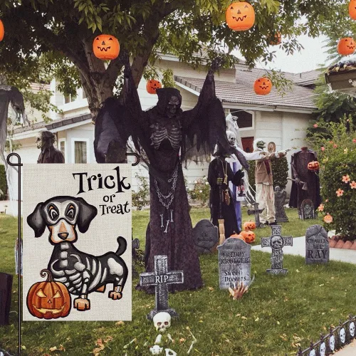 Miniatura 6 de Bandera de jardín de Halloween de truco o trato, perro fantasma, 12 x 18 pulgadas, pequeña de arpillera de doble cara de bienvenida para patio