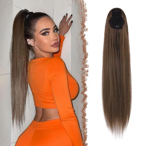 Miniatura 9 de FESHFEN Extensiones de cola de caballo rectas, colas de caballo largas con cordón, cola de caballo sintética con clip para mujer, color negro