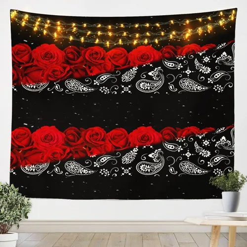 Tapiz femenino de flores de rosas rojas, tapiz de pared para el día de San Valentín, decoración de habitación de niñas y mujeres, cielo estrellado