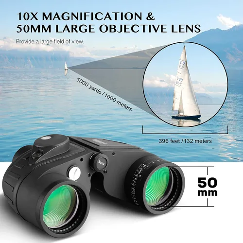 Miniatura 2 de Aomekie - Prismáticos militares marinos para adultos, 10 x 50, impermeables con telémetro y brújula, prisma BAK4, lente FMC para observación de Negro