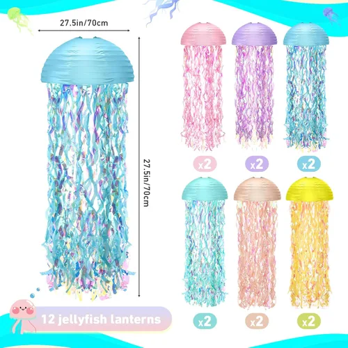 Miniatura 3 de Baquler Juego de 12 linternas de papel de medusas de 10 pulgadas, linternas semicírculas de sirena, decoración colgante para aula, baby shower, bajo
