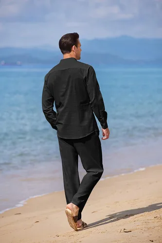 Miniatura 4 de COOFANDY Conjuntos de lino para hombre, 2 piezas, camisa de manga larga con botones y pantalones casuales de playa con cordón en la cintura, trajes