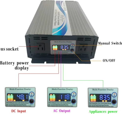 Miniatura 2 de Inversor de corriente de onda sinusoidal pura de 3000 W fuera de la red, 48 V CC a 110 V 120 V CA con pantalla LCD para autocaravana, camping