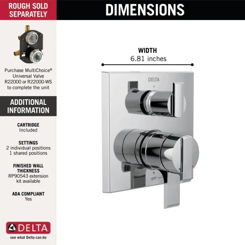 Miniatura 3 de Delta Faucet T27867-SS Ara Angular Modern Monitor 17 Series válvula de control con desviador integrado con 3 modos Cromo