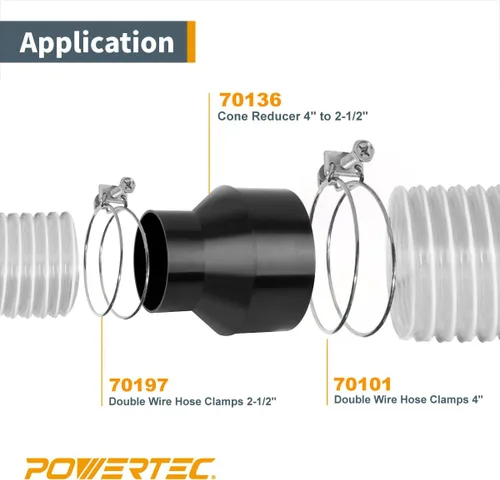 Miniatura 4 de POWERTEC 70352 Reductor de cono de manguera de 4 pulgadas a 2-1/2 pulgadas con abrazaderas de alambre doble de 4 y 2-1/2 pulgadas