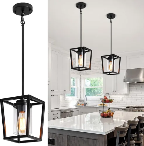 Paquete de 2 luces colgantes negras para isla de cocina, lámparas colgantes de granja con pantalla de vidrio, iluminación moderna para isla de
