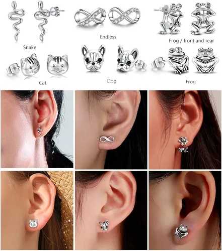 Miniatura 6 de Juego de 20 pares de aretes de ópalo de acero inoxidable para mujeres y niñas, animales arco iris, mariquita, abeja, mariposa, gato, serpiente