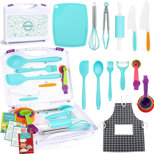 Juegos de cocina para niños, juego de cocina y hornear con estuche de almacenamiento, cuchillos seguros para niños, tabla de cortar, delantal, libro