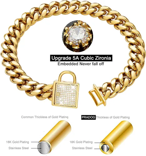Miniatura 3 de Collar de perro dorado con hebilla de circonita, collar de cadena de eslabones cubanos para perros pequeños a grandes (0.551 in, 10 pulgadas)