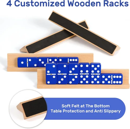 Miniatura 4 de Juego de dominós jumbo para adultos con 4 estantes/bandejas de madera, juego de dominós doble 6 de viaje con estuche portátil, juego de dominós Azul