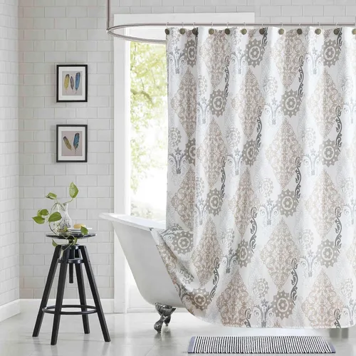 Miniatura 9 de Cortina de ducha larga de tela, cortinas de ducha de damasco bohemio con estampado de paisley en vino burdeos y oro amarillo, cortinas impermeables
