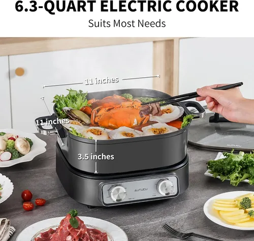 Miniatura 10 de Sartén eléctrica de 6 cuartos con parrilla Olla antiadherente con revestimiento cerámico libre de PFOA, 1600W, temporizador y 3 configuraciones